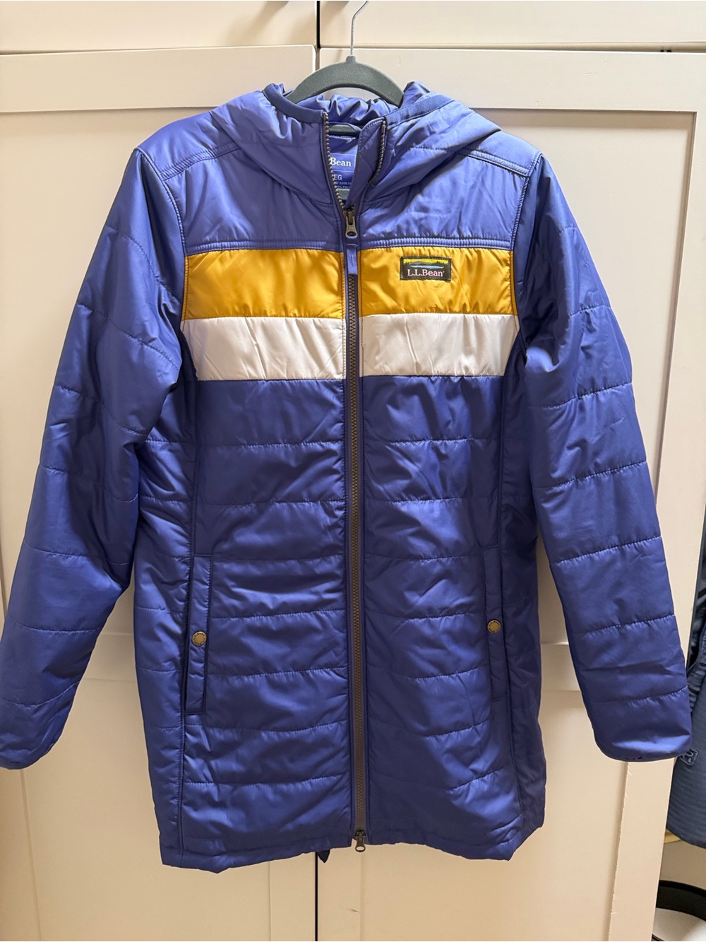 L.L. Bean Women’s Small Purple Hooded Puffer Jacket with Yellow & Cream Accent